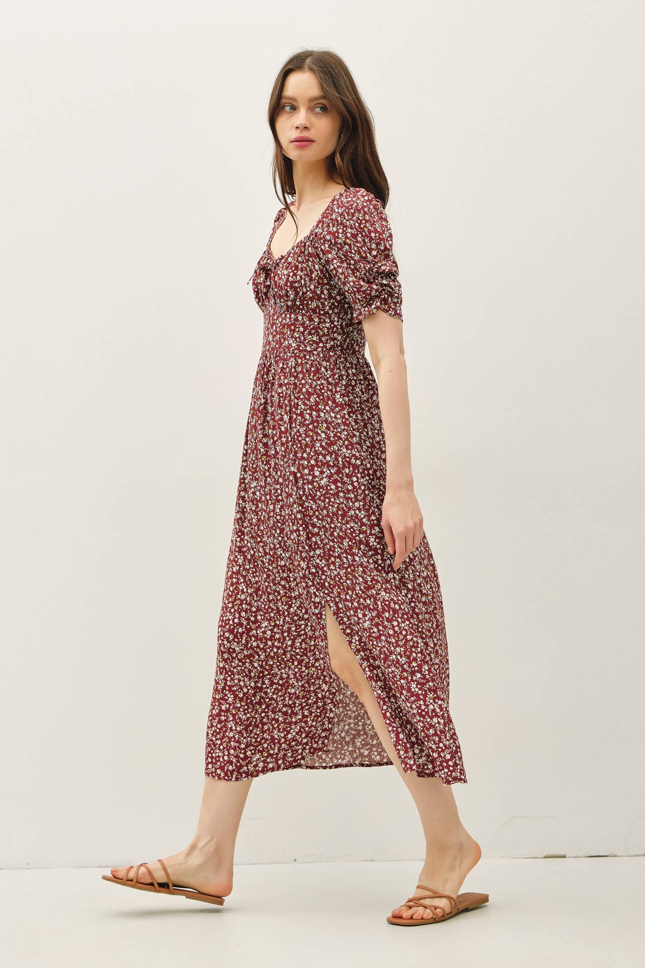 Romantic Ruched Sleeve Tie Front Maroon Dress