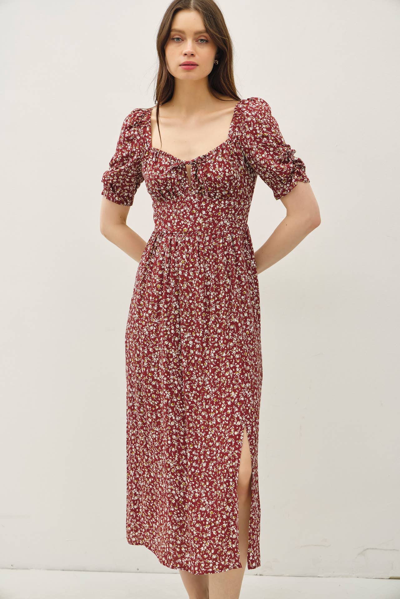 Romantic Ruched Sleeve Tie Front Maroon Dress