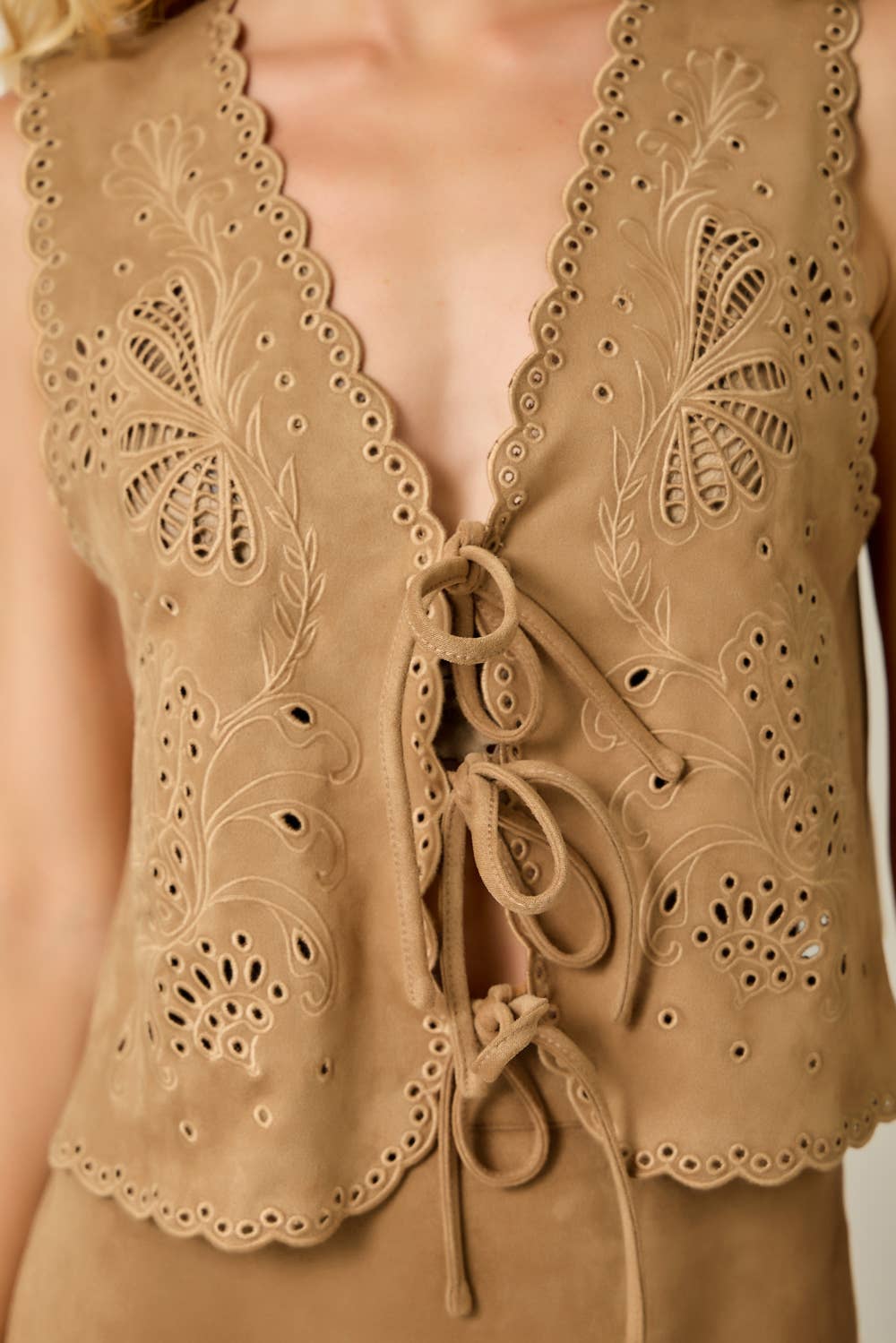 Suede Embroidered Front Tie Vest