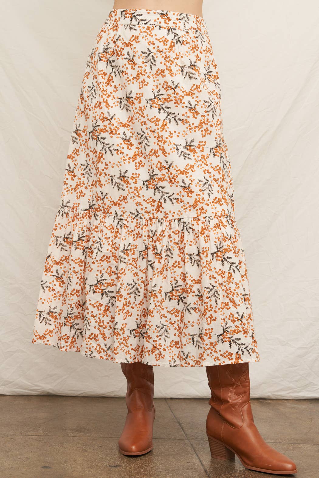 Ivory & Rust Floral Tiered Maxi Skirt