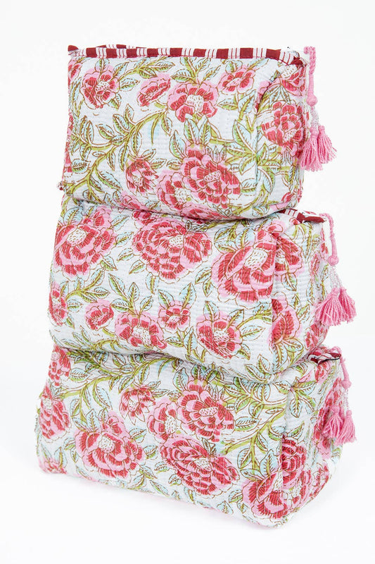 White with Red Floral print Quilted Cotton Toiletry Bag Set