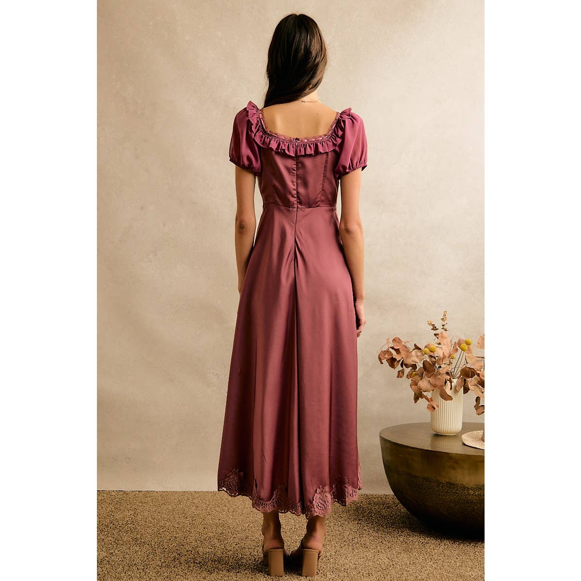 V NECK RUFFLE SLIP SATIN MAXI DRESS