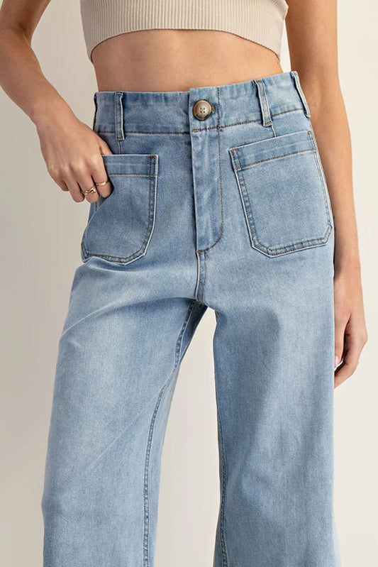 Cropped Stretch Patch Pocket Wide Leg Denim
