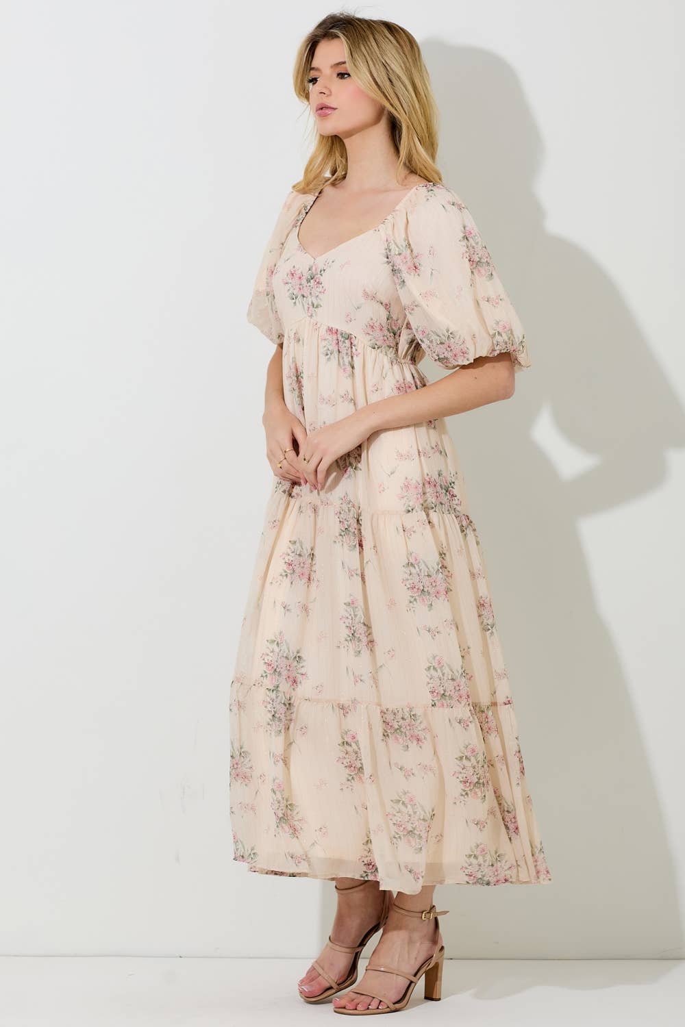 Cream & Blush Floral Lurex Print Puff Sleeve Midi Dress