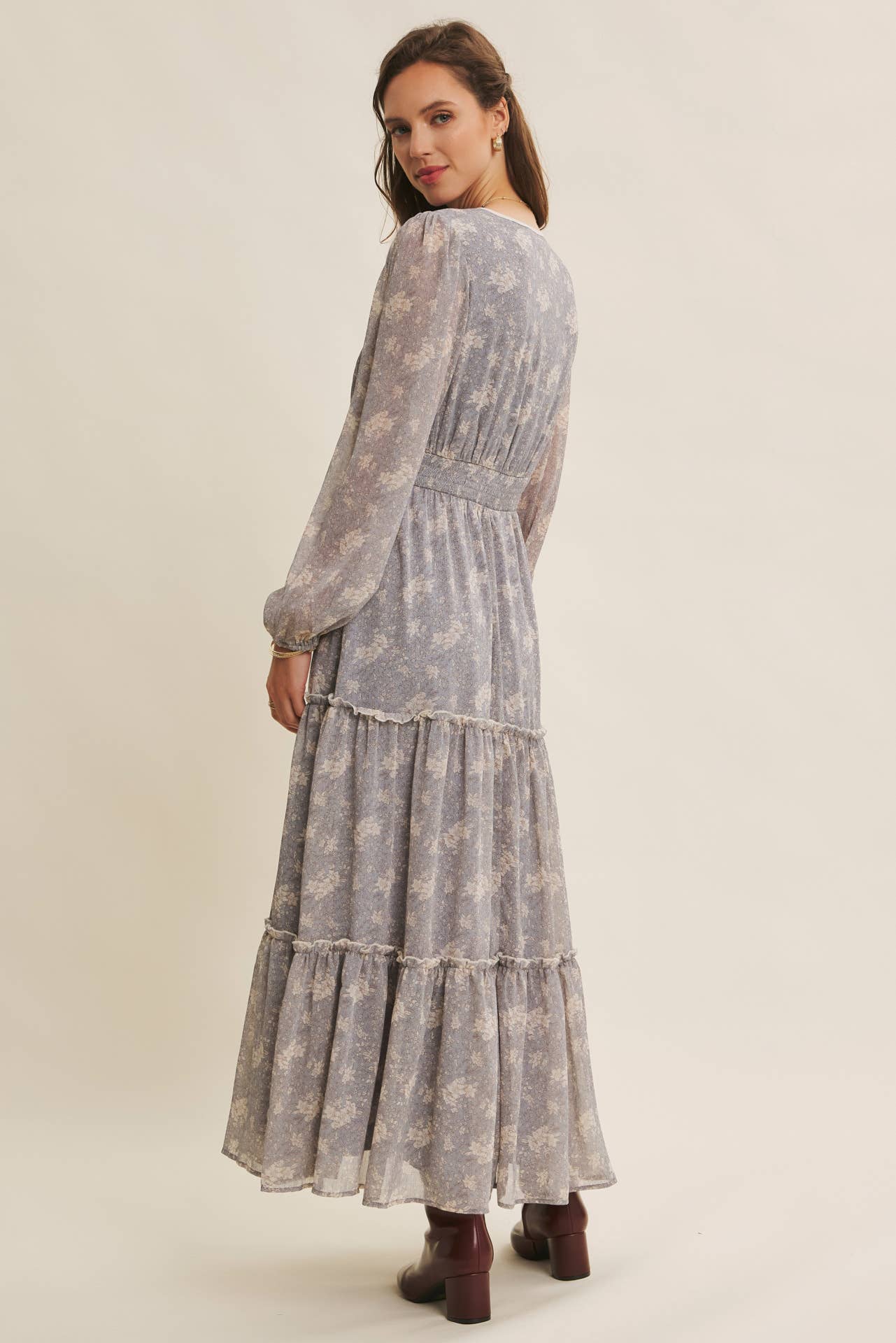 Dusty Blue & Cream with contrast Midi Dress