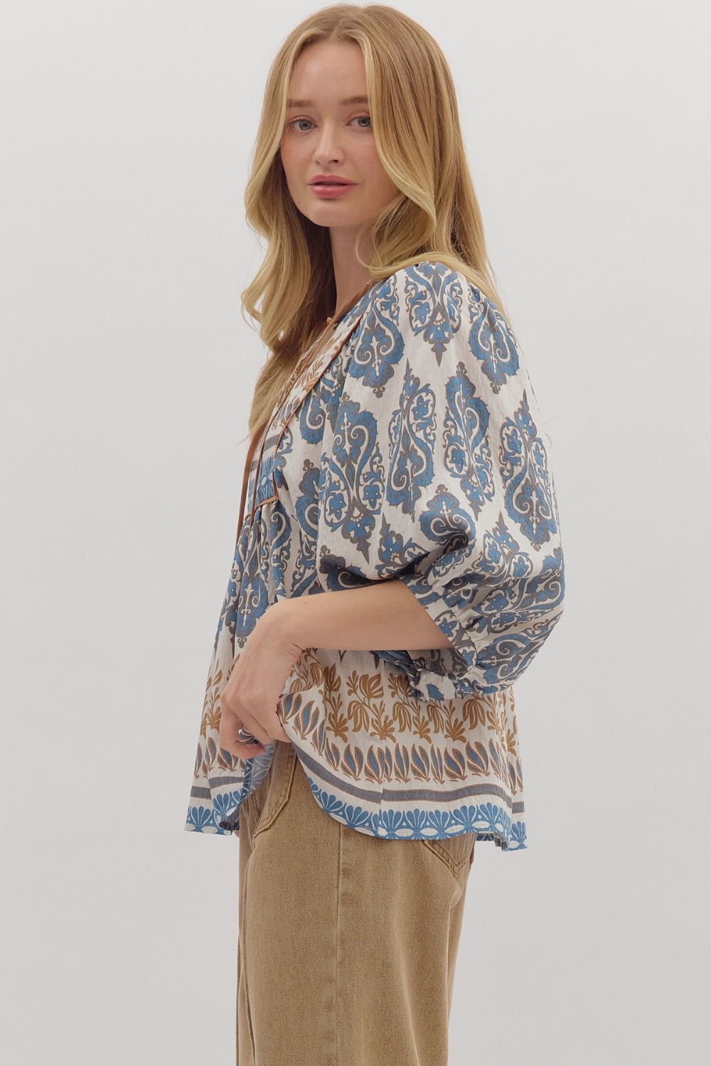 Boho Blue Mixed Print Top