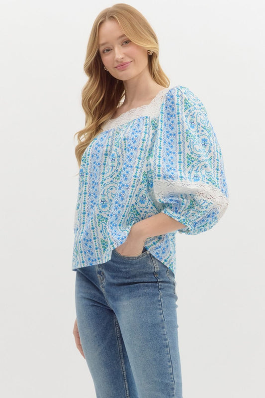 Blue and Green Square Neck Long Sleeve Top
