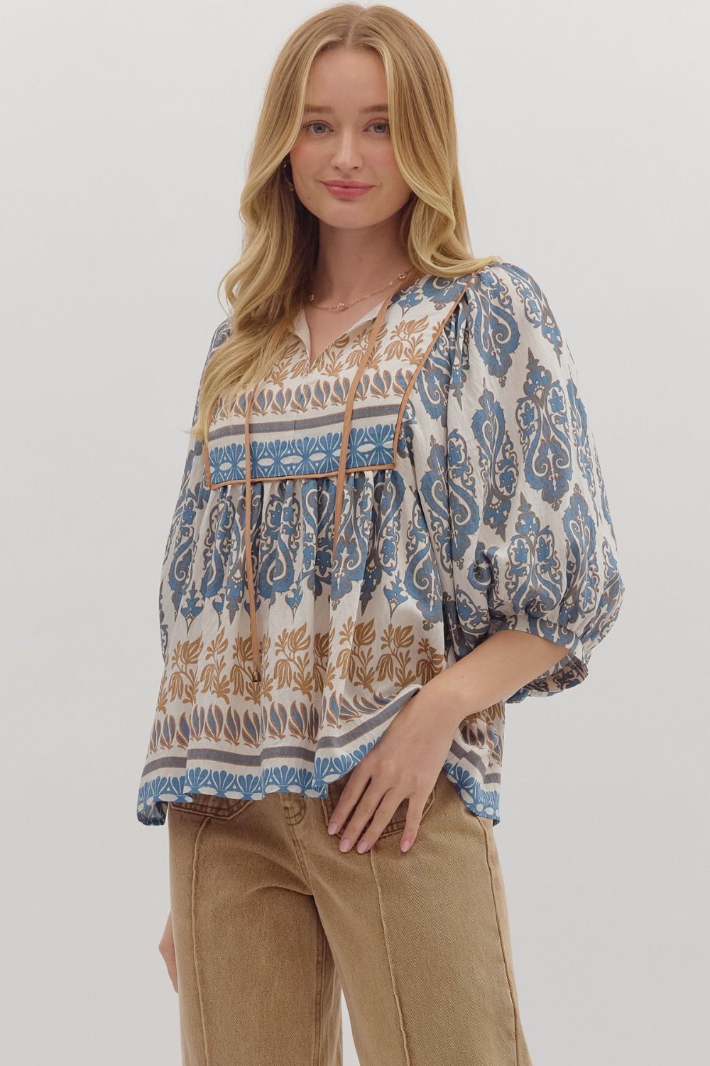 Boho Blue Mixed Print Top