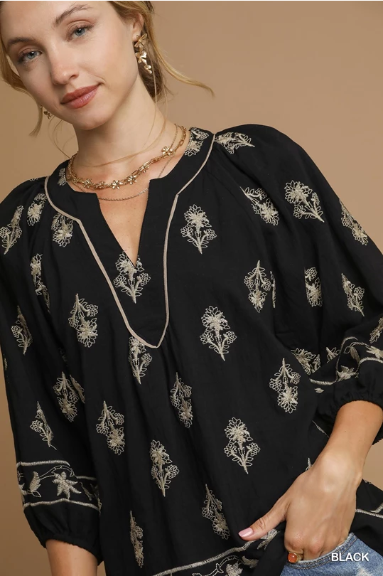 Umgee Black Embroidered Top