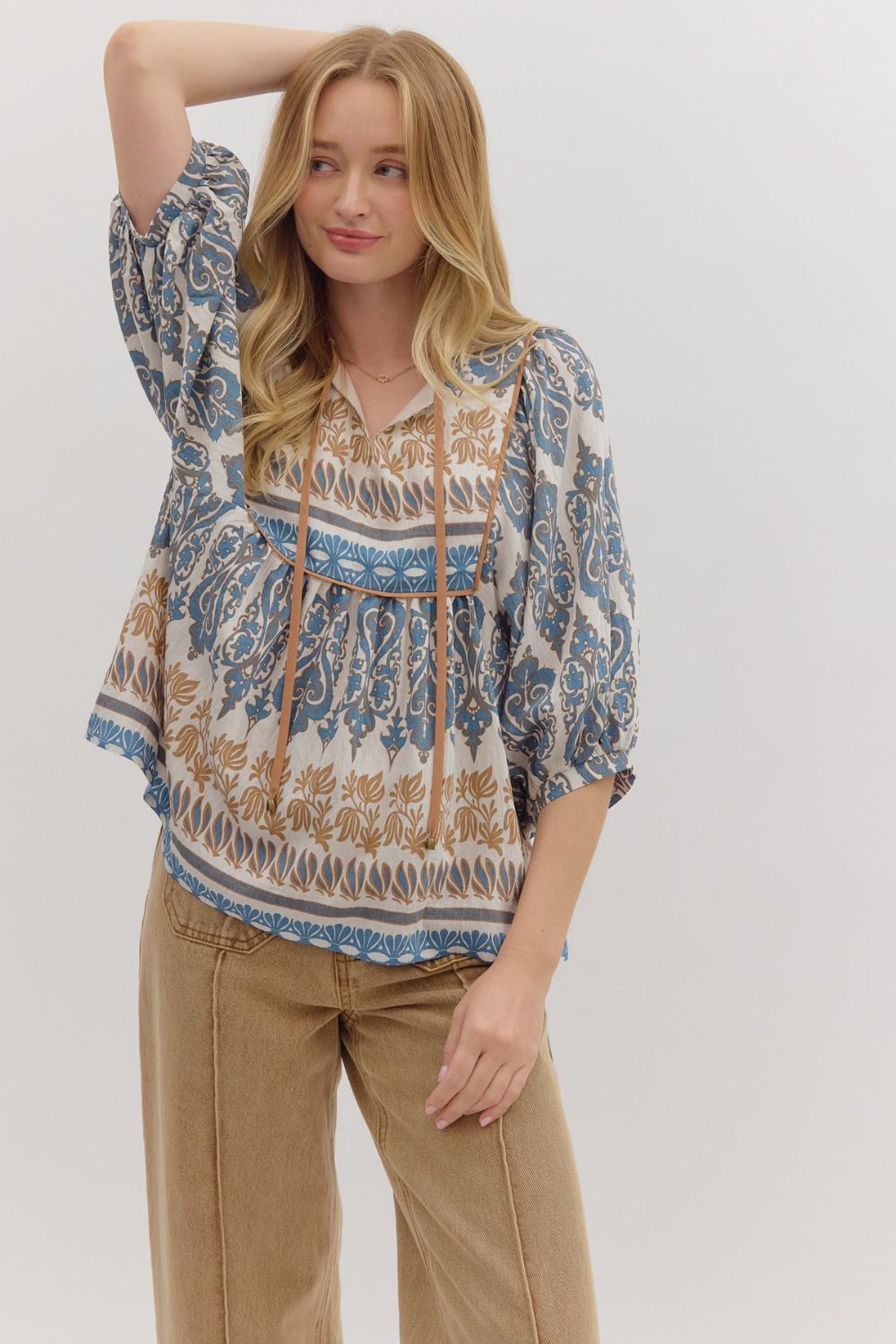Boho Blue Mixed Print Top
