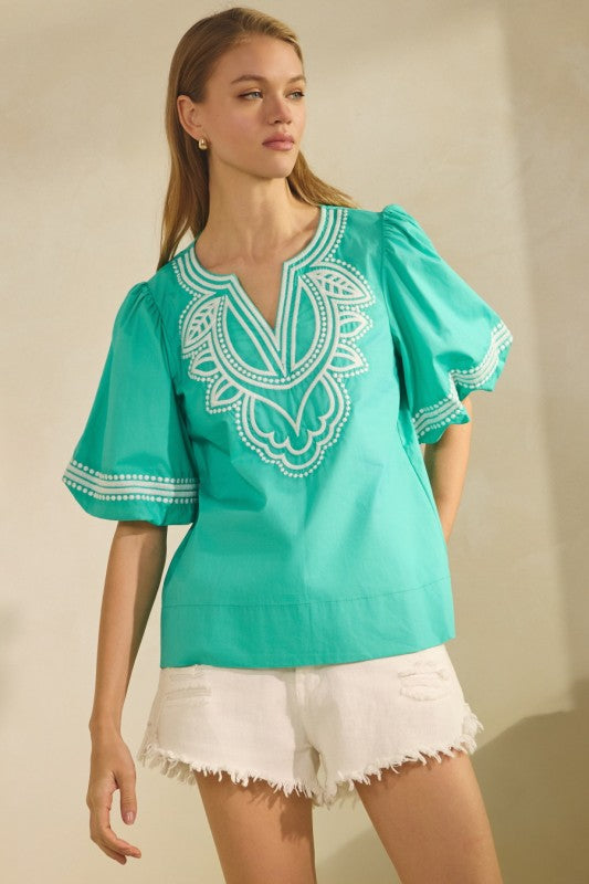 Turquoise Embroidered Poplin Top