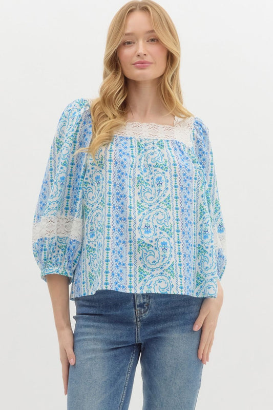 Blue and Green Square Neck Long Sleeve Top