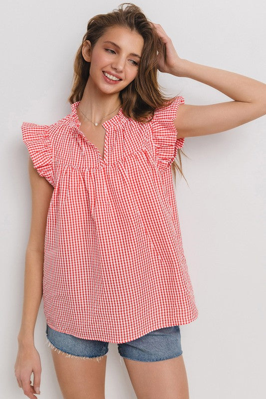 Red Gingham Ruffle Sleeve Top