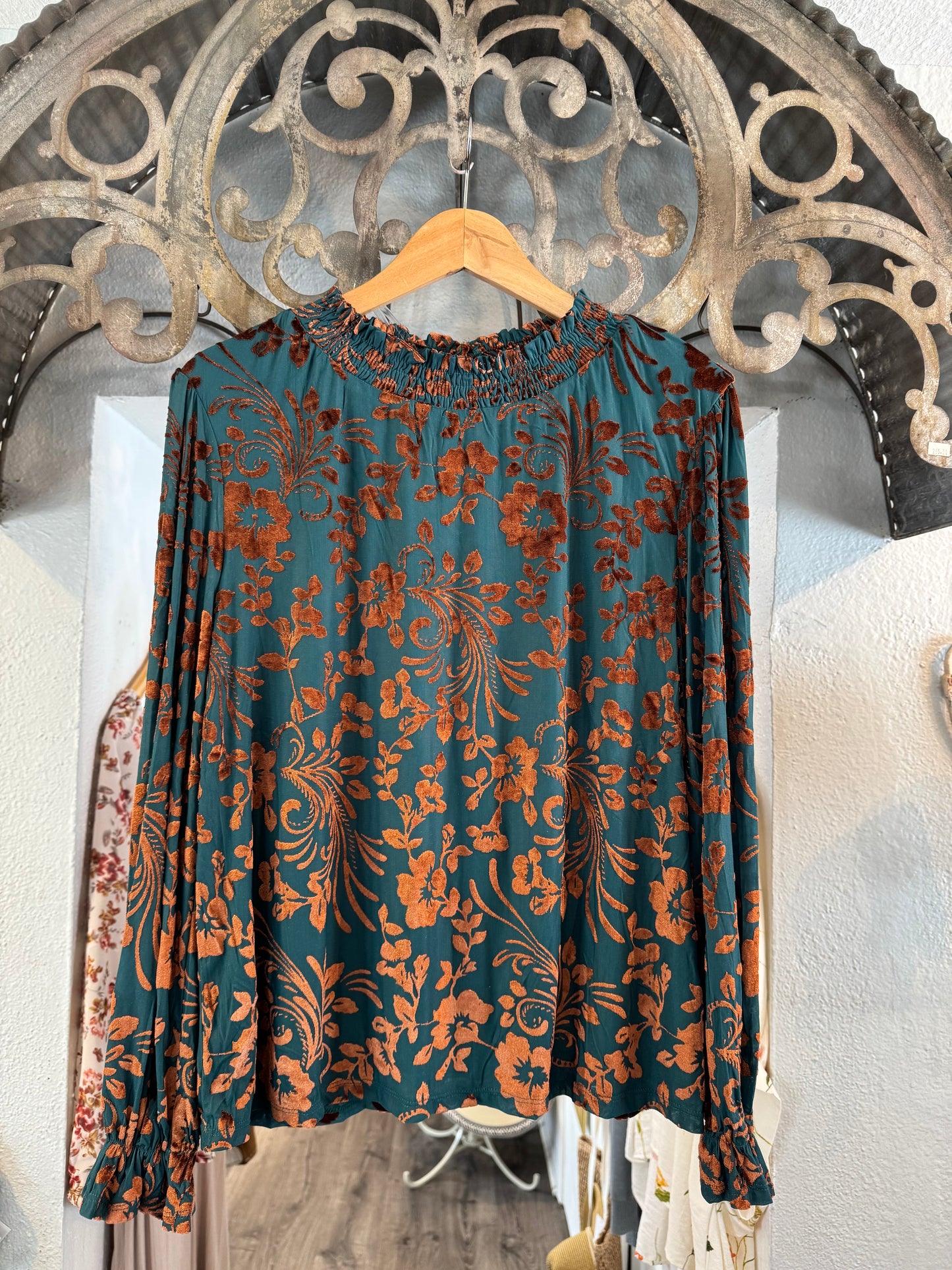 Dark Green & Rust Burnout Velvet Top