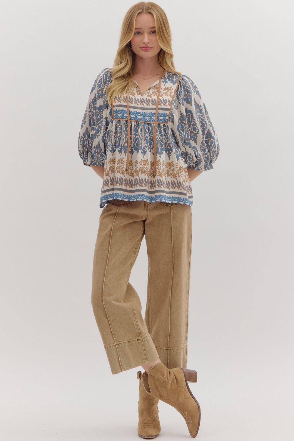 Boho Blue Mixed Print Top