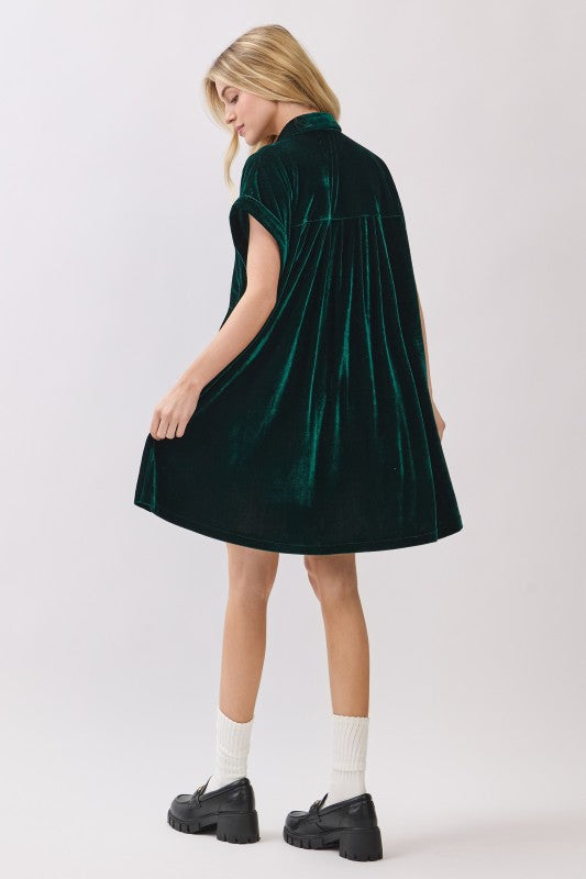 Hunter Green Velvet Shirt Dress
