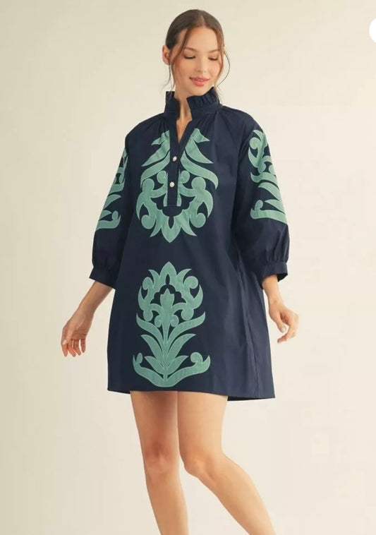 Navy and Mint Appliqué Shift Dress