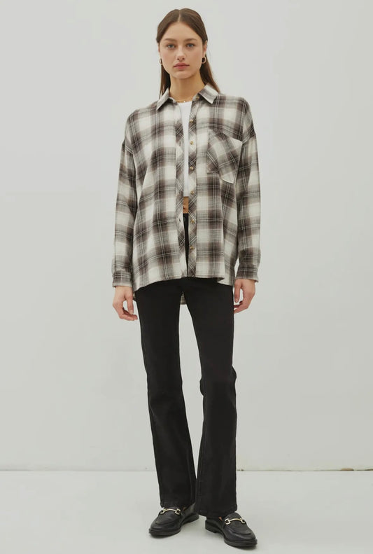 Charcoal and Chocolate Brown Vintage Plaid Button-up