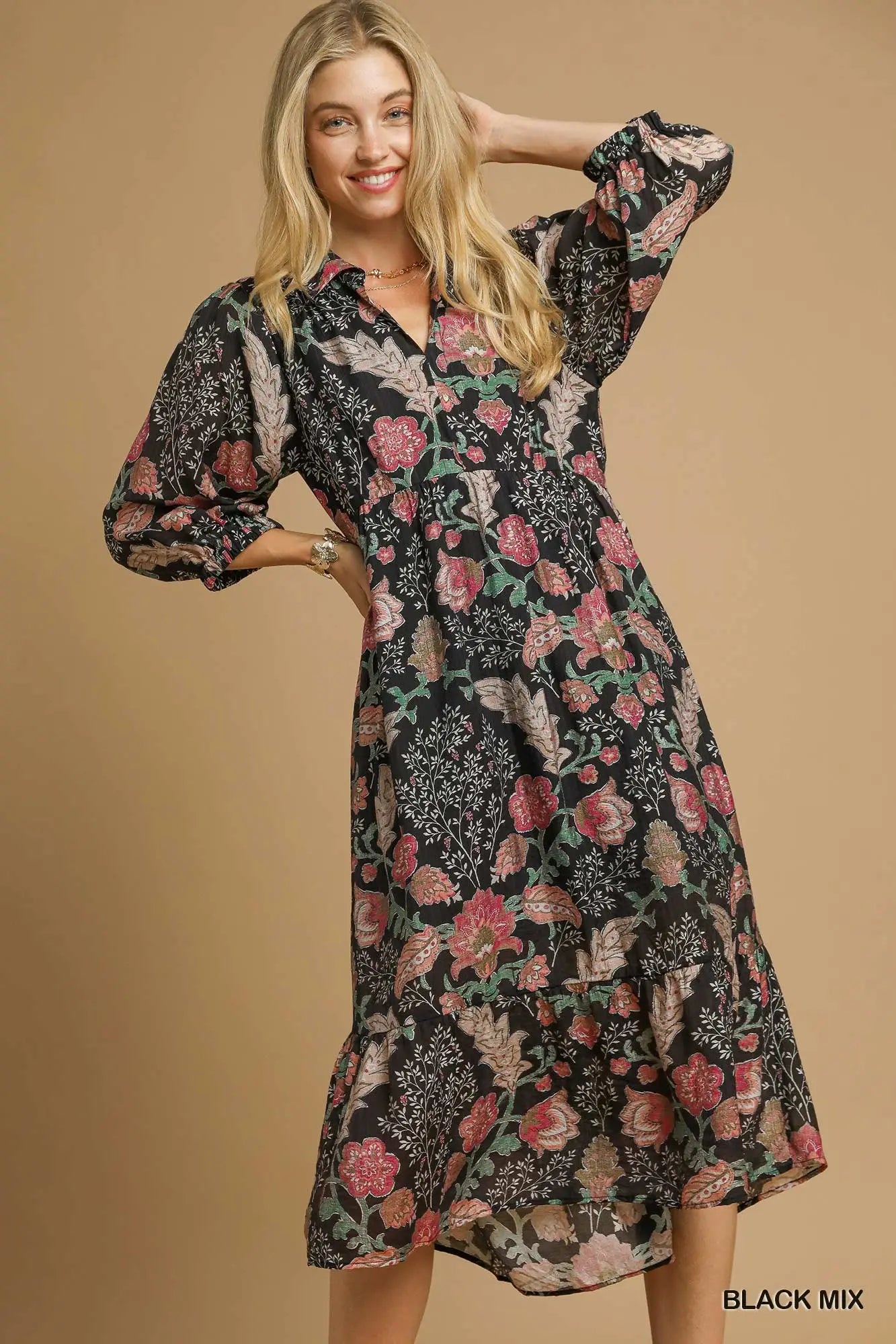 Black and Mauve Floral Midi Dress