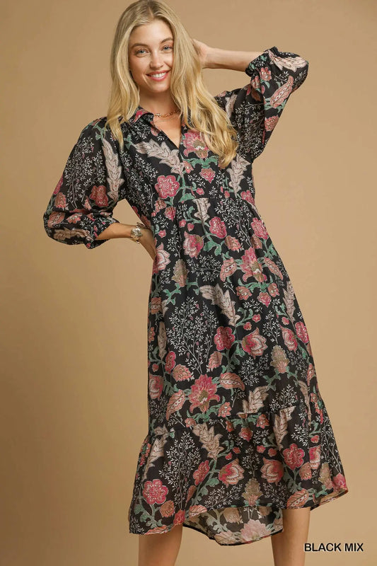 Black and Mauve Floral Midi Dress