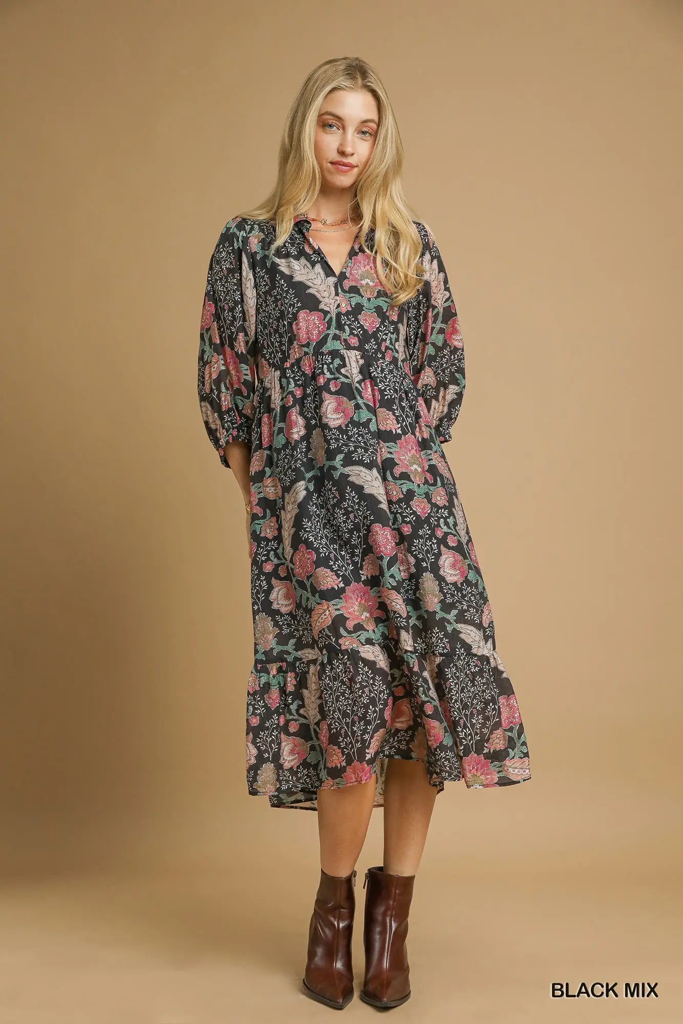 Black and Mauve Floral Midi Dress