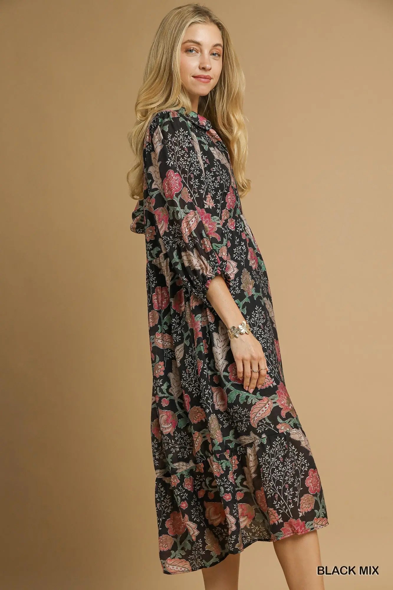 Black and Mauve Floral Midi Dress