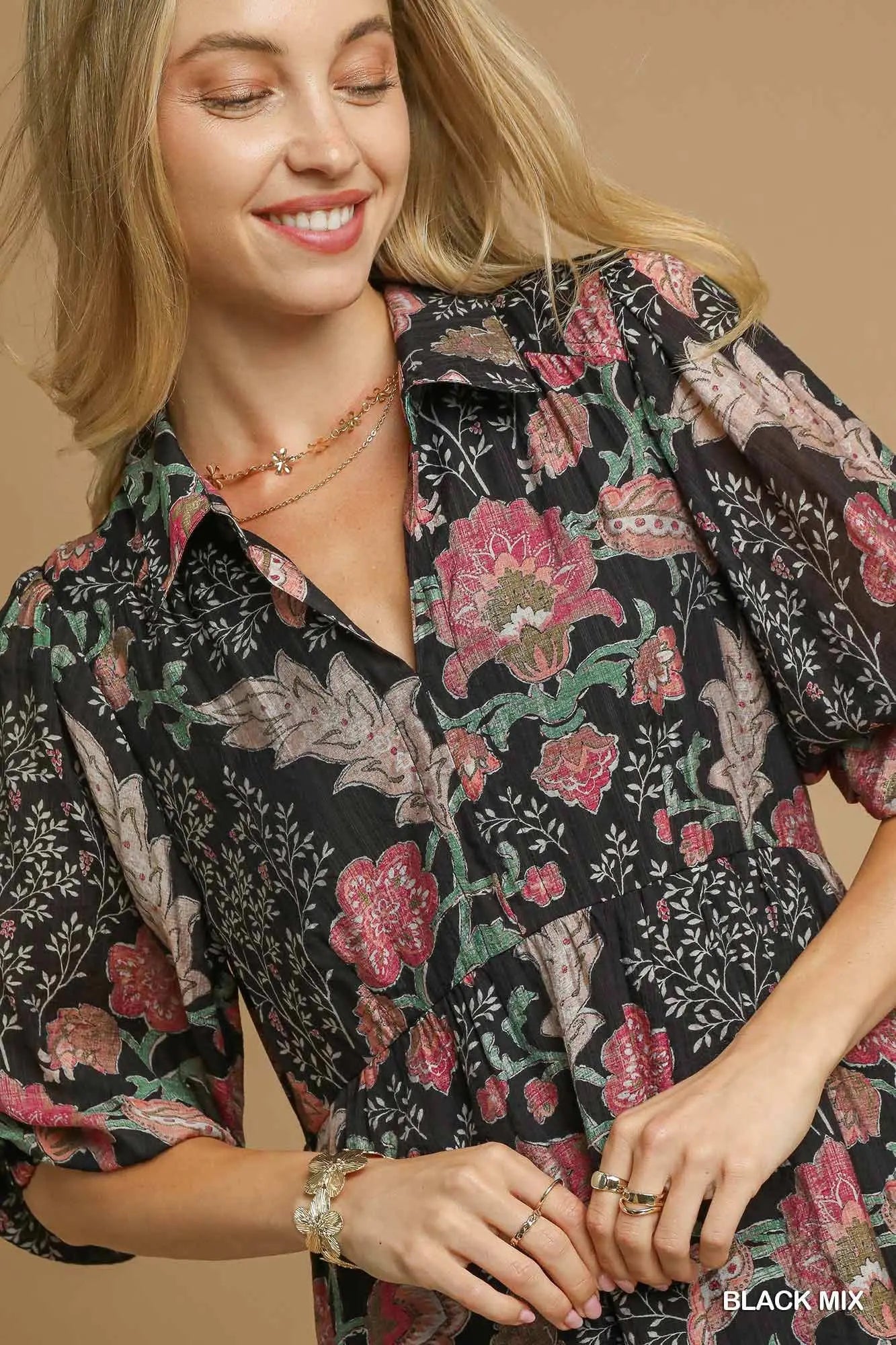 Black and Mauve Floral Midi Dress