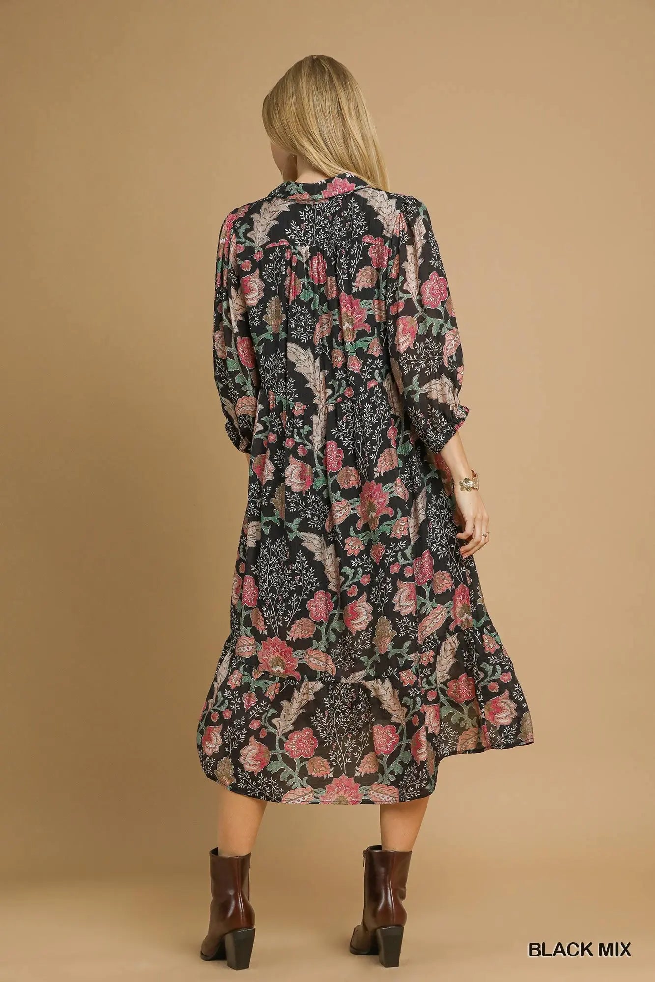 Black and Mauve Floral Midi Dress