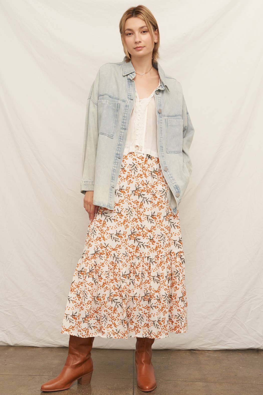 Ivory & Rust Floral Tiered Maxi Skirt