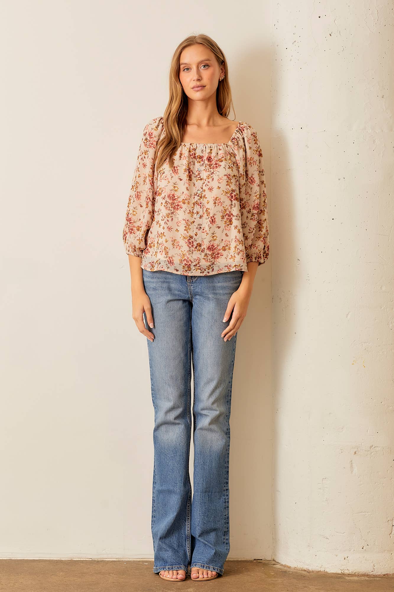 SQUARE NECK BURGUNDY FLORAL PRINT BLOUSE