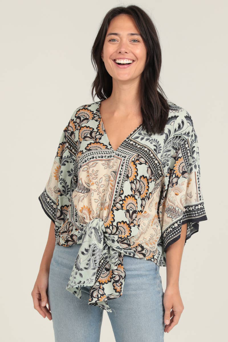 Pre-Order arrives 9/25-Tie Waist Kimono Sleeve Top-Mint and Apricot