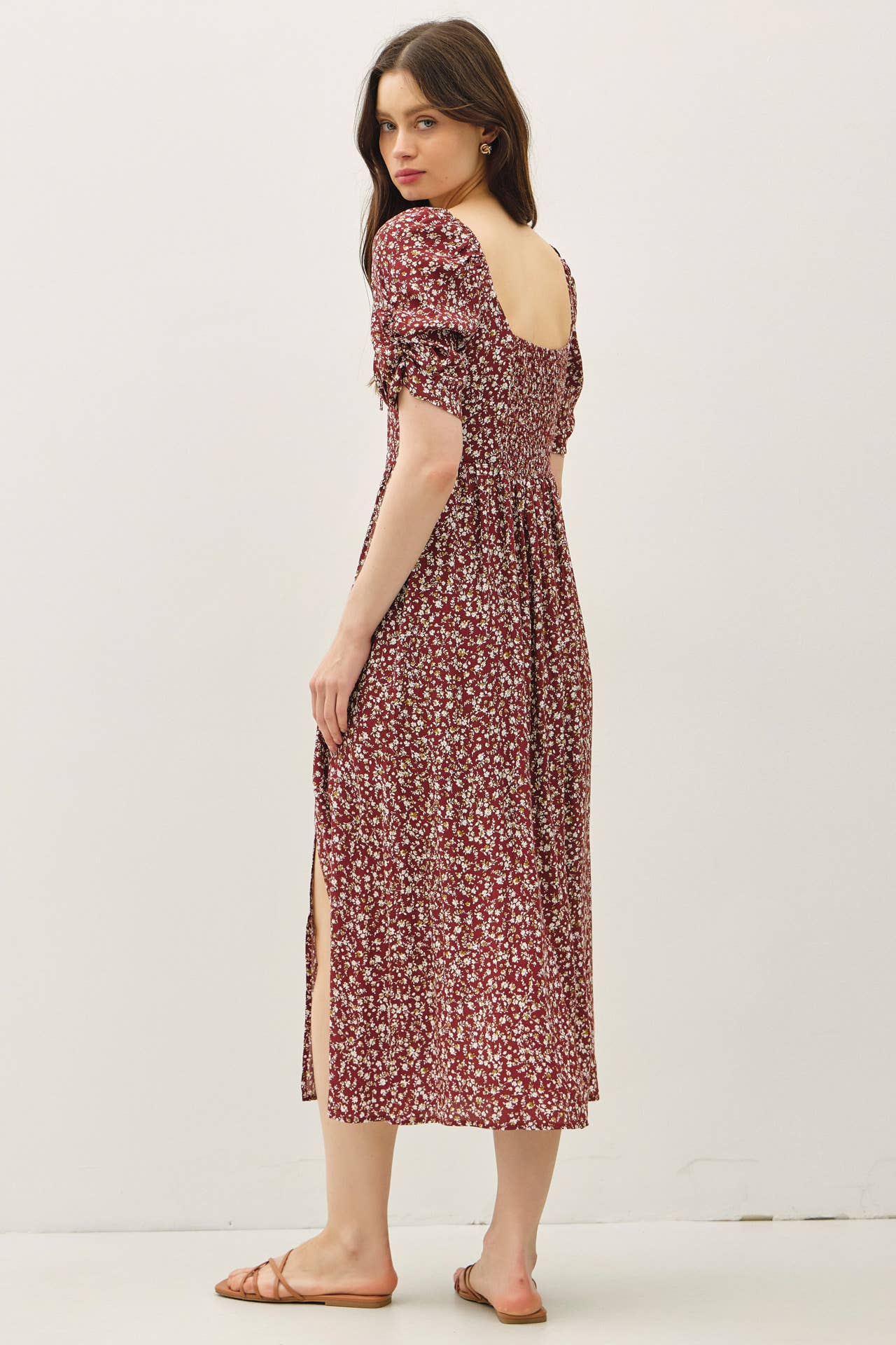 Romantic Ruched Sleeve Tie Front Maroon Dress