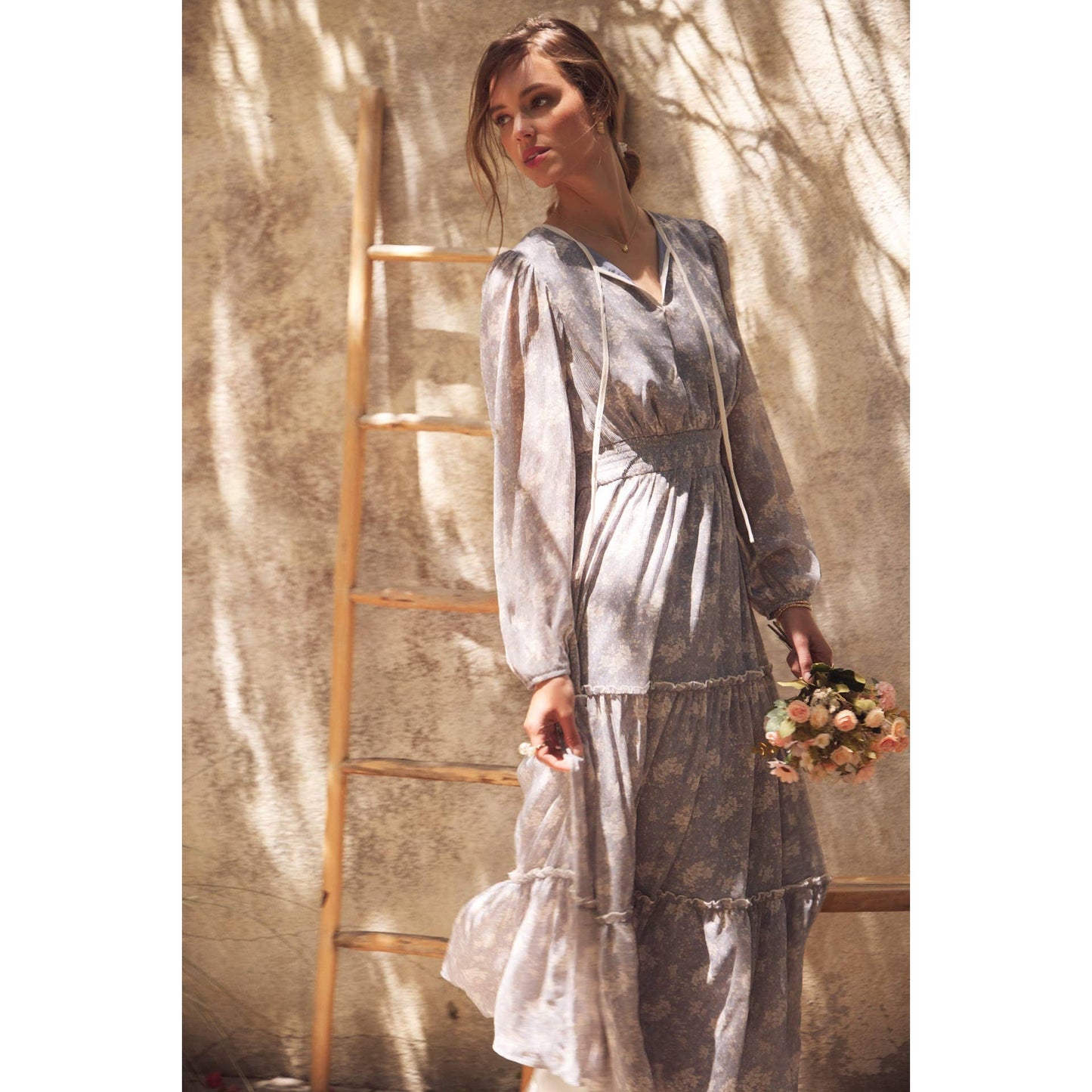 Dusty Blue & Cream with contrast Midi Dress