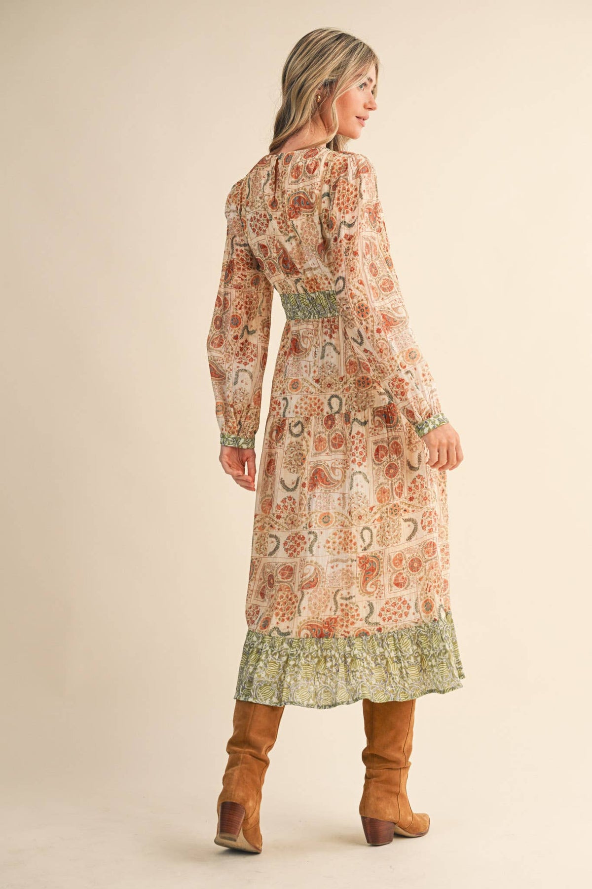 Mixed Paisley Print Midi Dress