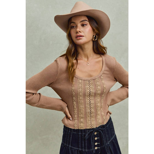 VINTAGE WASHED LACE CROP THERMAL WASHED KNIT TOP