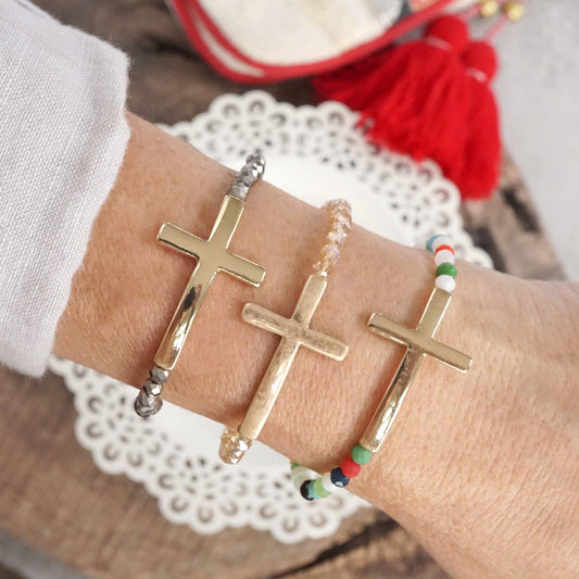 Minimal Sideways Cross Bracelet with Glass Beads Gold tone: Champaign Glass Beads