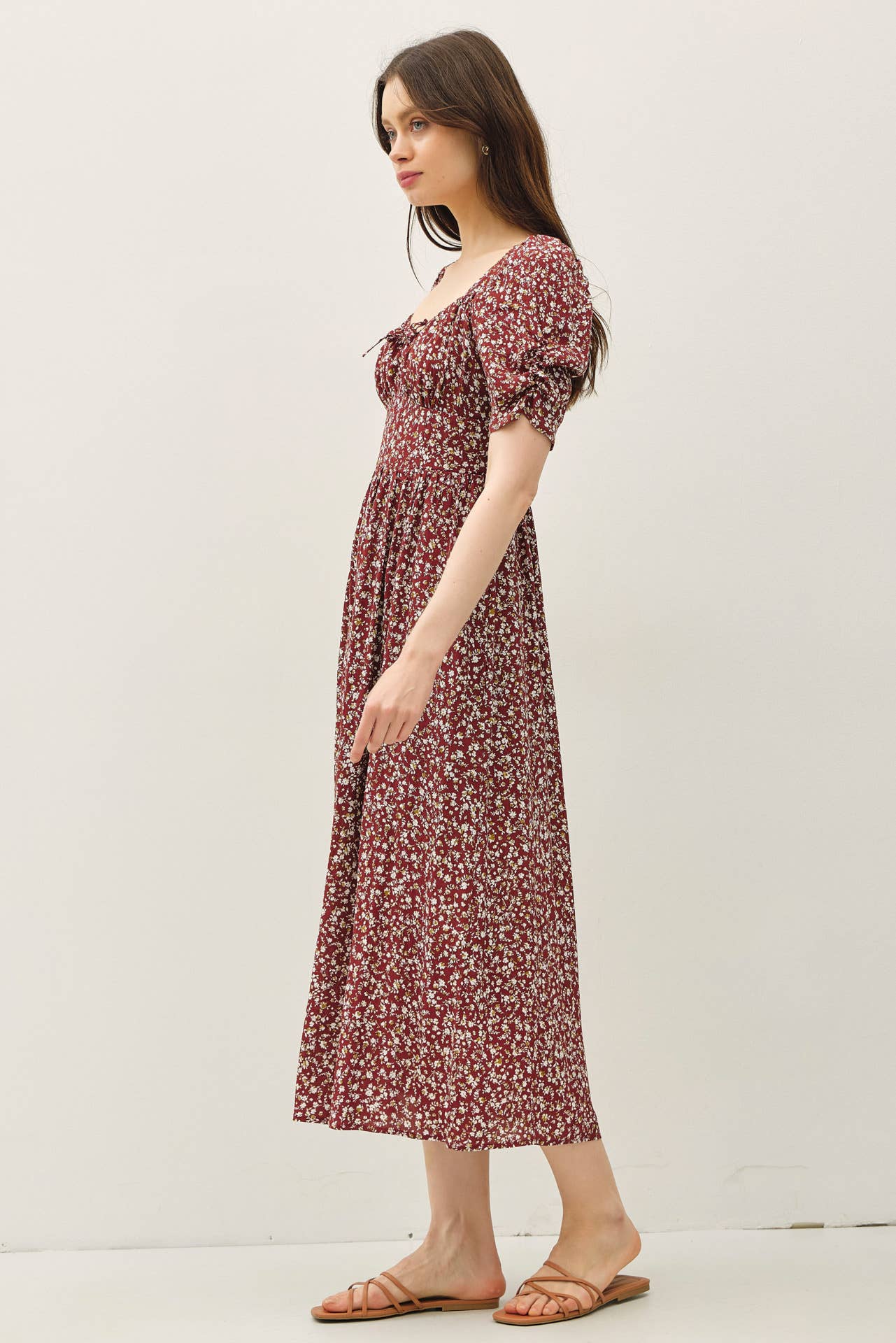 Romantic Ruched Sleeve Tie Front Maroon Dress