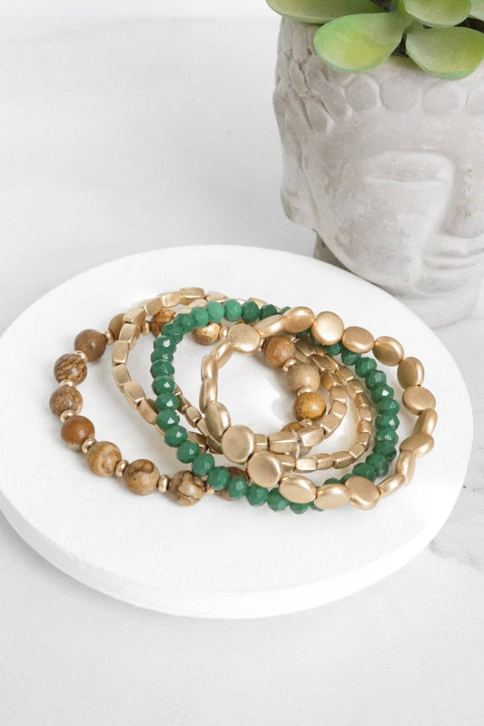 5 piece Boho Bracelet Stack Green Brown and worn gold tone
