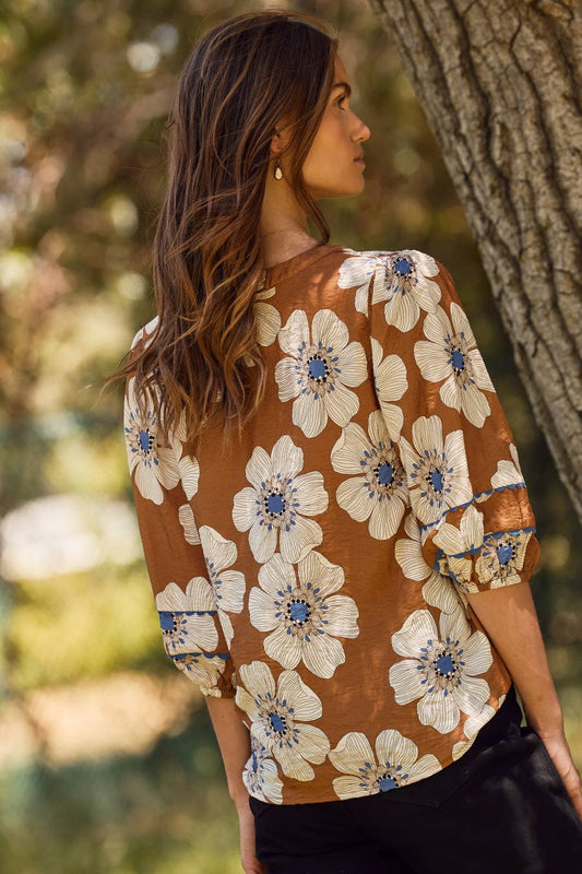 Rust and Blue Floral Printed 3/4 Sleeve Blouse