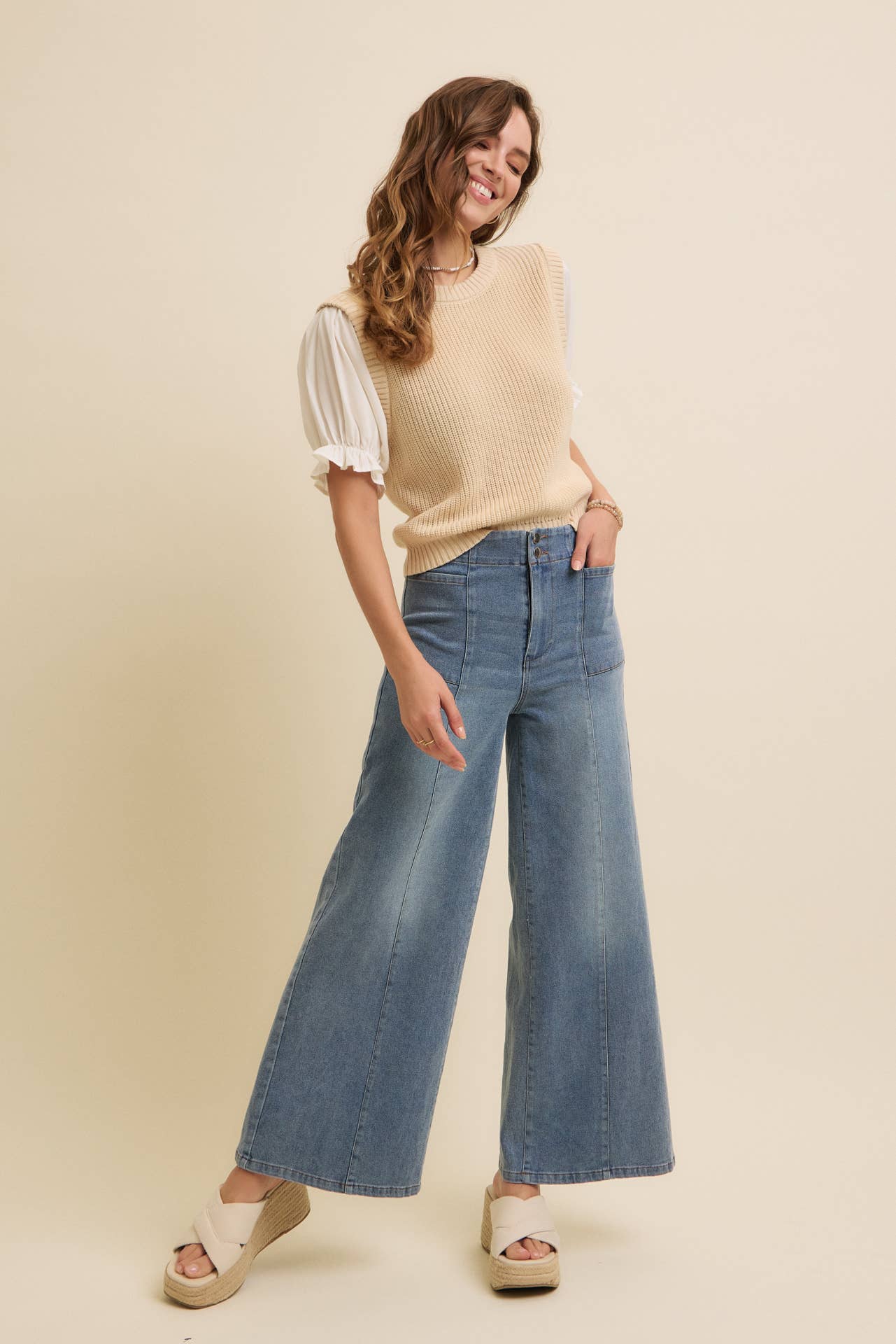 SOFT BLEND OF COZY WOVEN PUFF SLEEVE SWEATER KNIT TOP