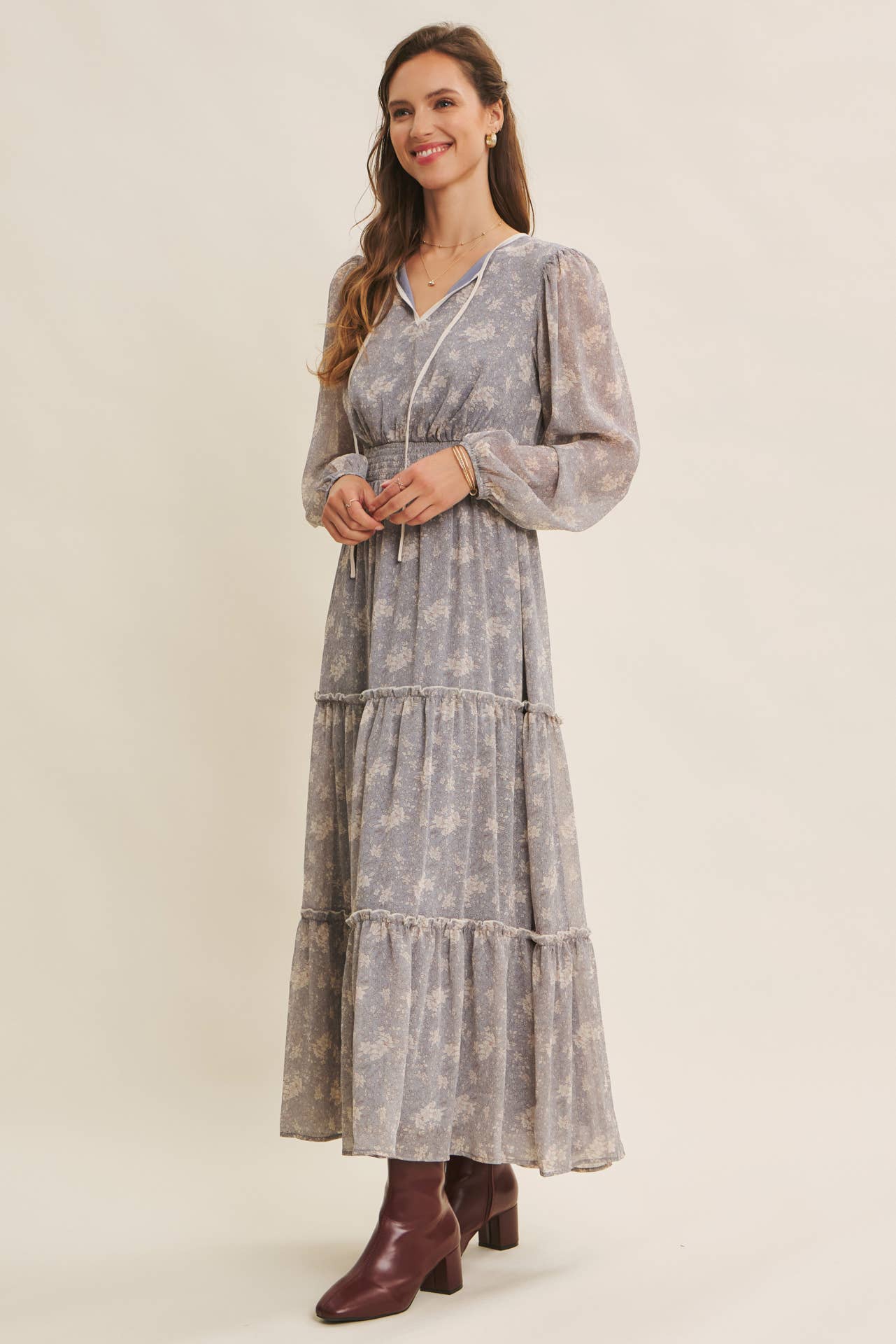Dusty Blue & Cream with contrast Midi Dress