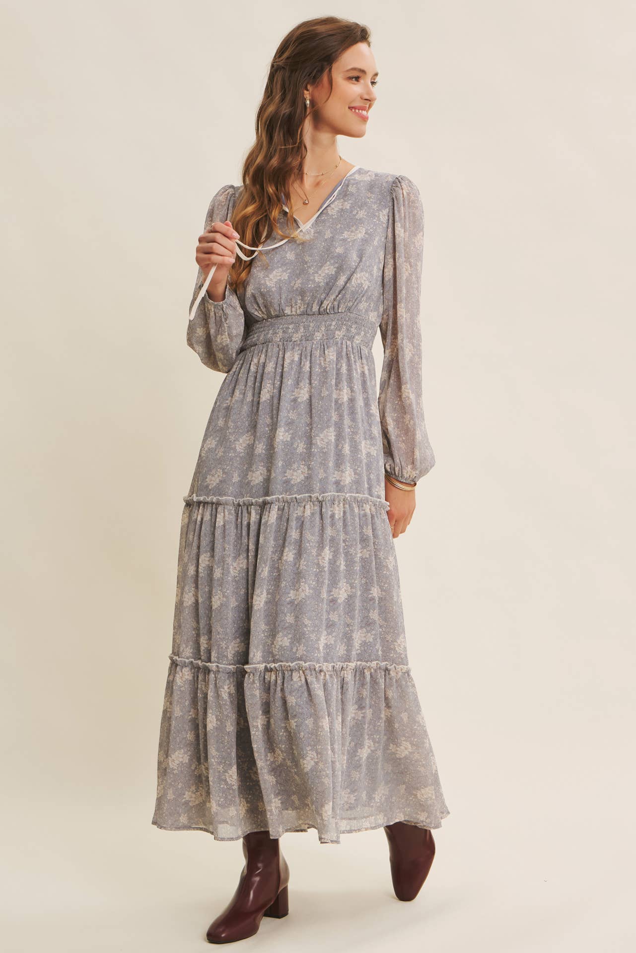 Dusty Blue & Cream with contrast Midi Dress