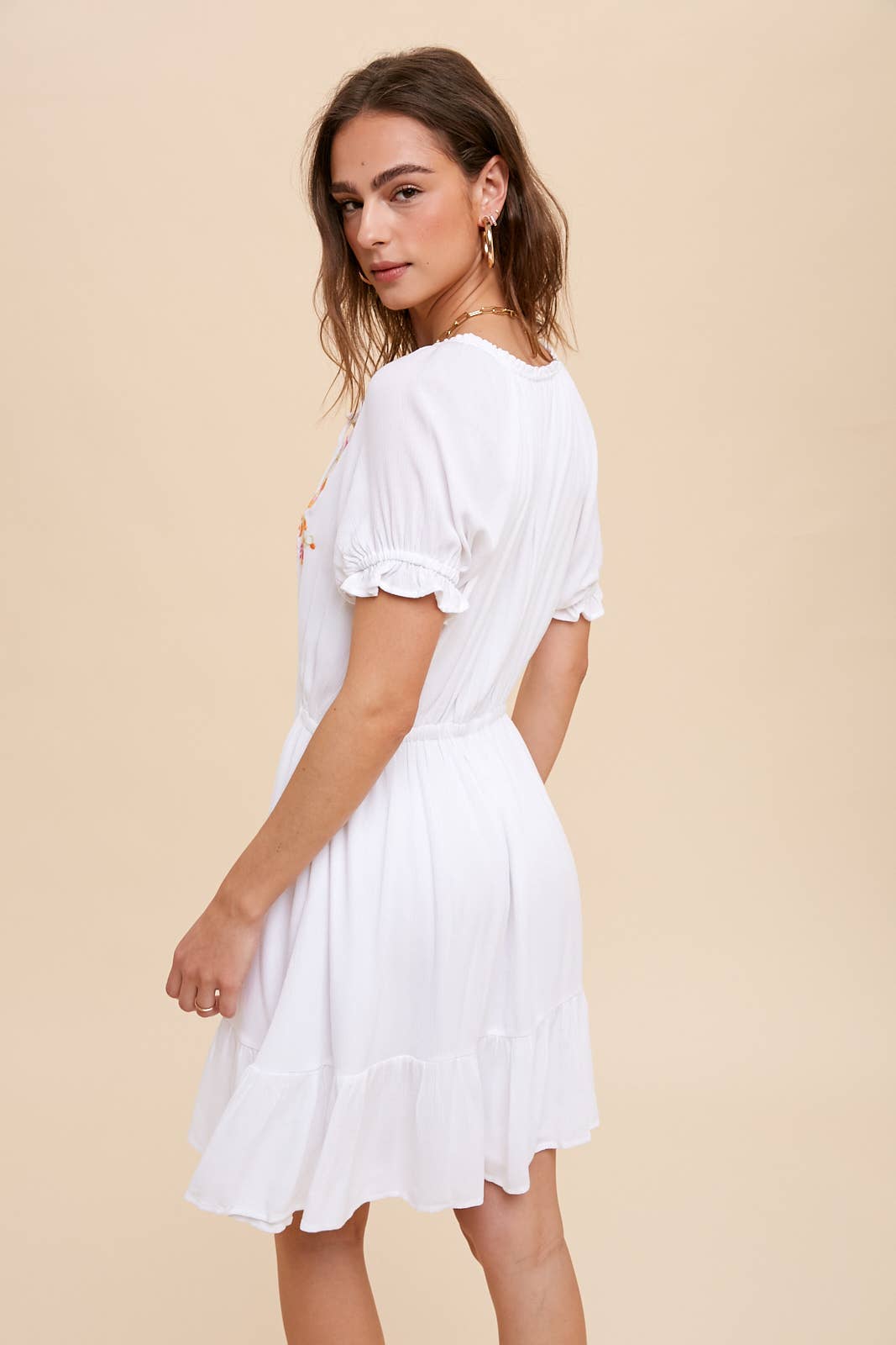 White Floral Embroidered Short Dress
