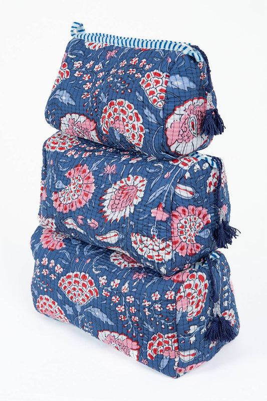 Blue Floral print Quilted Cotton Toiletry Bag Set