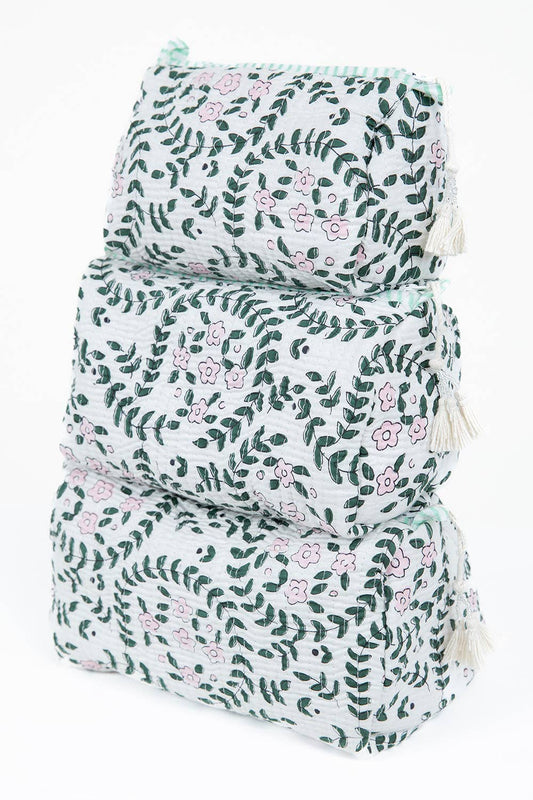 White Floral print Quilted Cotton Toiletry Bag Set