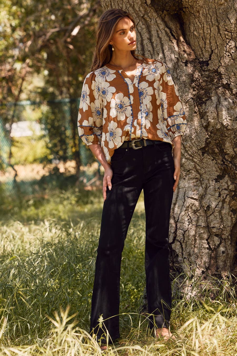 Rust and Blue Floral Printed 3/4 Sleeve Blouse