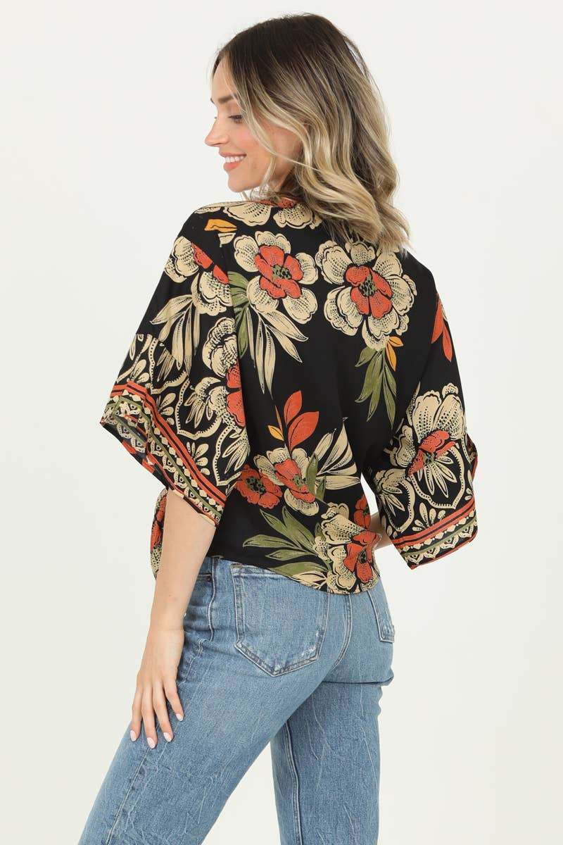 Tie Waist Kimono Sleeve Top-Black and Rust