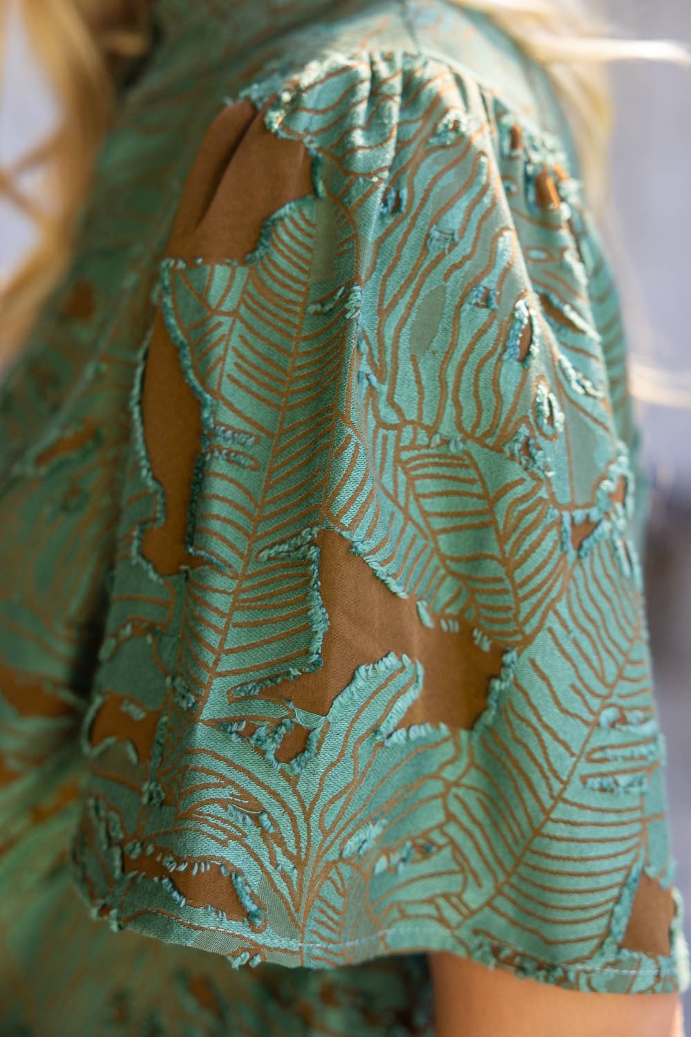 Emerald and Brown Ruffled V-Neck Floral Burnout Top