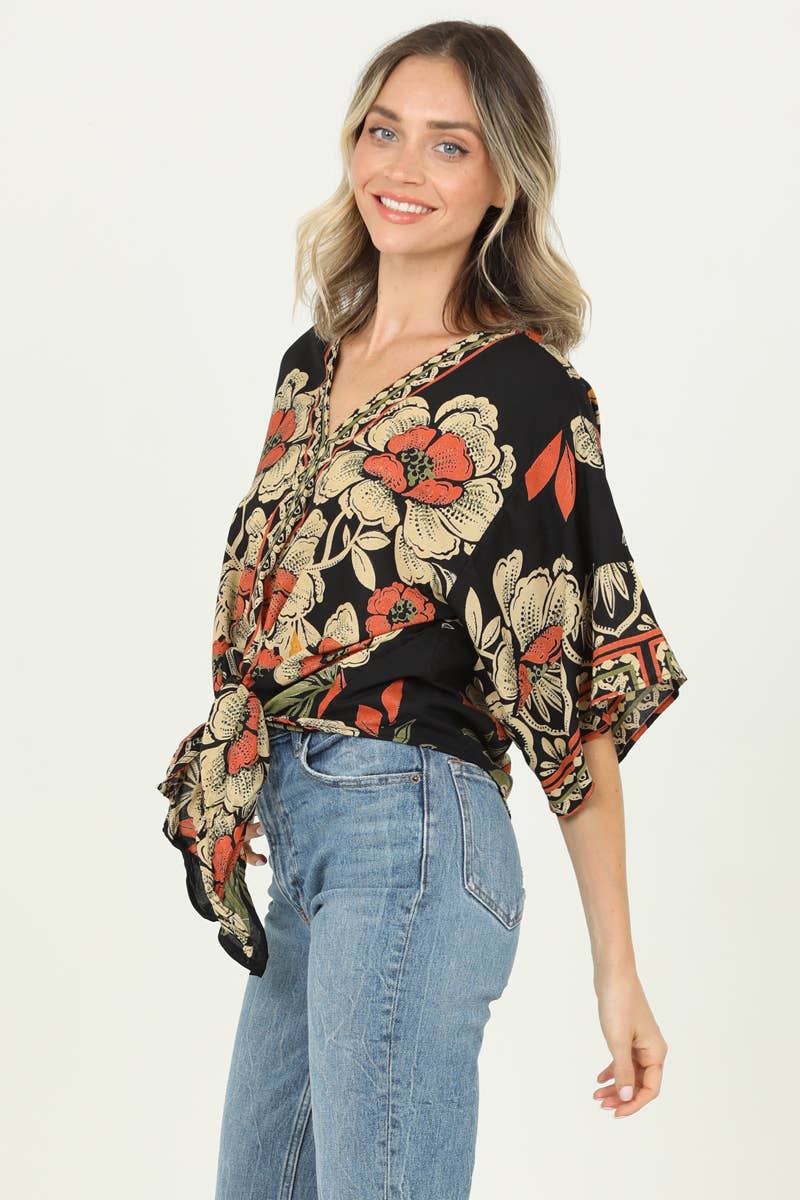 Tie Waist Kimono Sleeve Top-Black and Rust