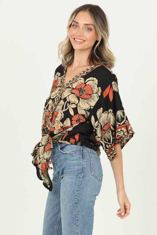 Tie Waist Kimono Sleeve Top-Black and Rust